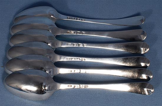 A set of six early George III silver Old English pattern table spoons, Length 8 ¾”/219mm Combined weight 15.2oz/431grms